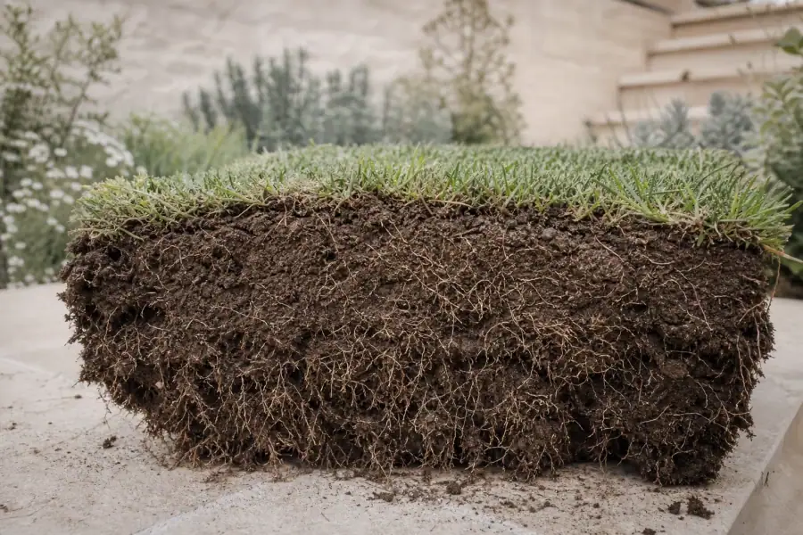 Gros plan sur une motte de gazon soulevée montrant un système racinaire dense et une terre brune et vivante, preuve d'un sol bien préparé.