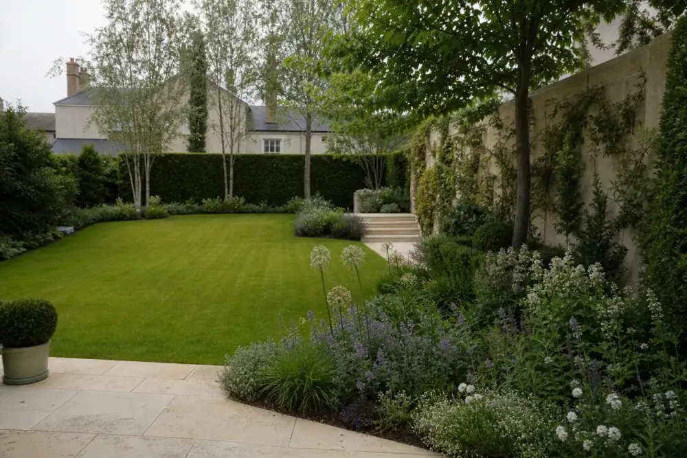 Jardin de particulier rémois vu depuis la terrasse : pelouse dense fraîchement tondue, haie de charmille taillée net, massif fleuri de vivaces au premier plan, lumière rasante dorée, aucune personne visible.