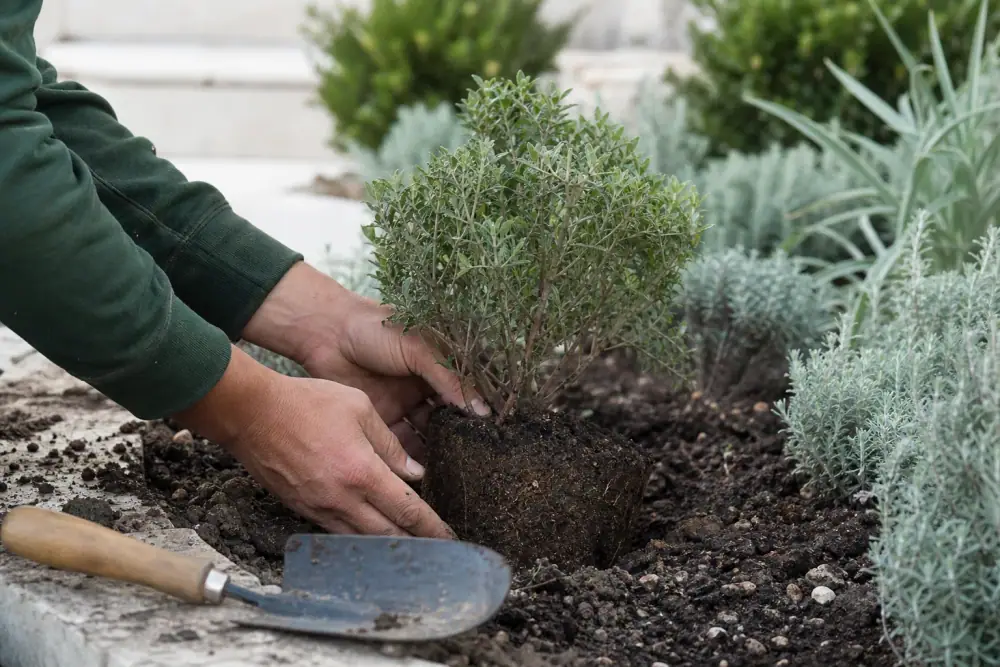 Gros plan sur des mains de paysagiste plantant un jeune arbuste dans une terre amendée, motte visible, outil de plantation posé à côté.