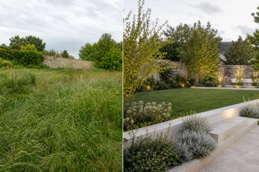 Vue avant/après d'un même terrain : à gauche une friche en herbes hautes, à droite l'espace transformé en jardin engazonné avec massifs.