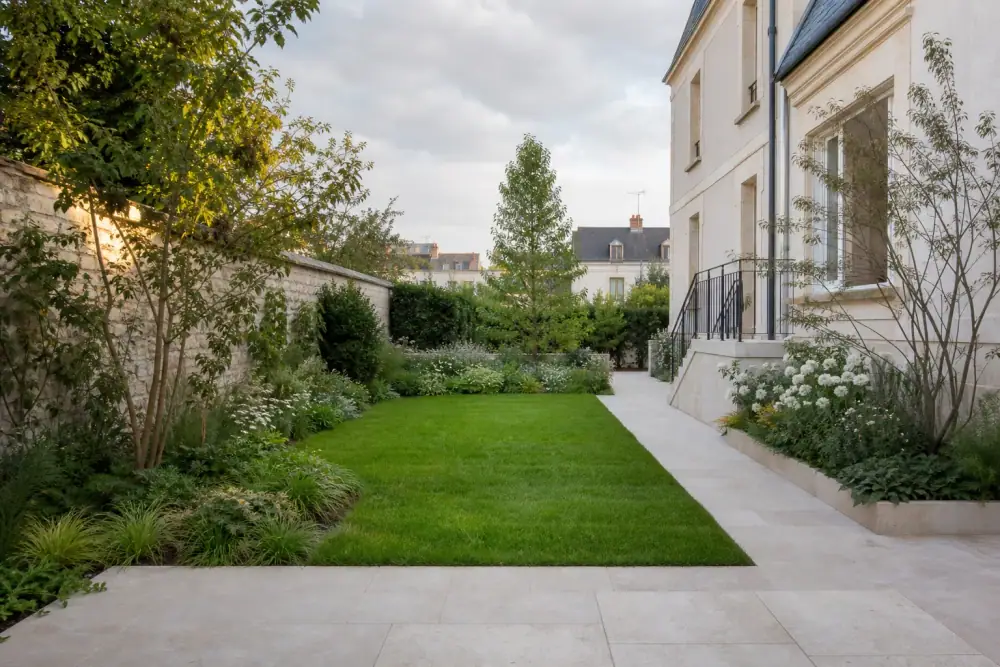 Photographie grand angle d'un jardin fraîchement créé devant une maison rémoise : pelouse nette, massifs plantés, allée propre, lumière douce de fin d'après-midi, ambiance apaisée et rangée.