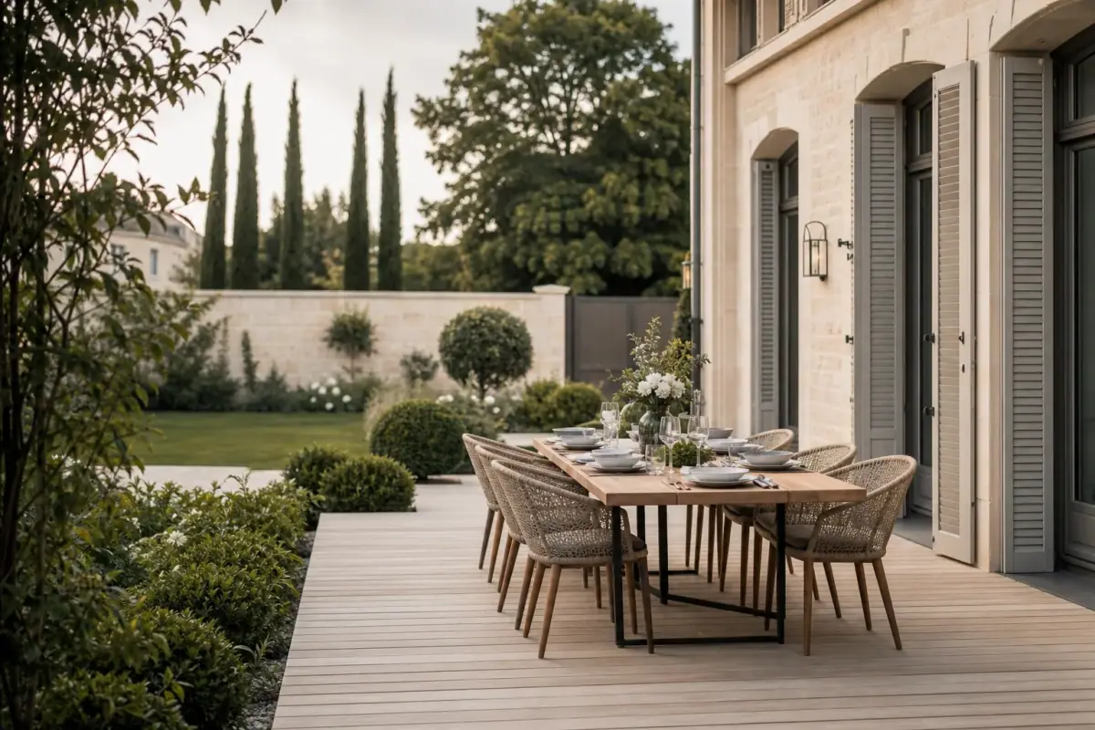 Terrasse moderne en bois clair devant une maison rémoise, table dressée, jardin soigné en arrière-plan, lumière douce de fin d'après-midi.