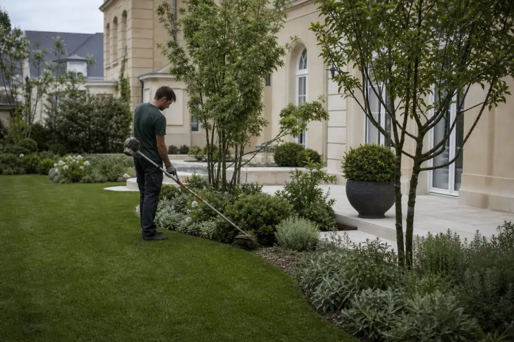 Jardinier passant le coupe-bordures le long d'un massif, finitions nettes entre la pelouse et le parterre, terrain soigné.