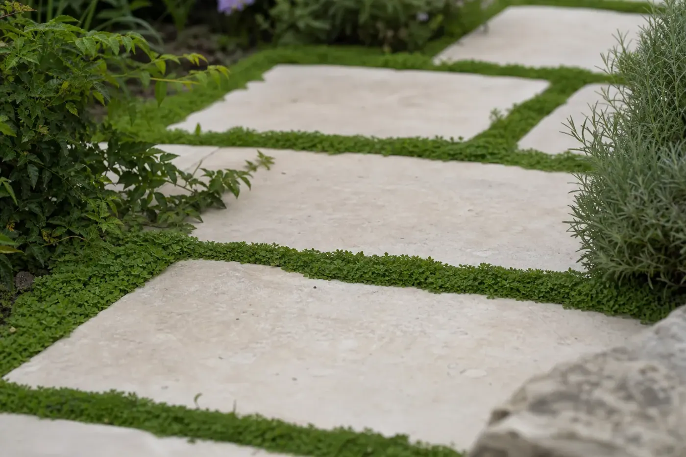 Gros plan sur des pas japonais avec couvre-sols verts poussant entre les dalles, joints propres, ambiance de jardin entretenu près de Reims.