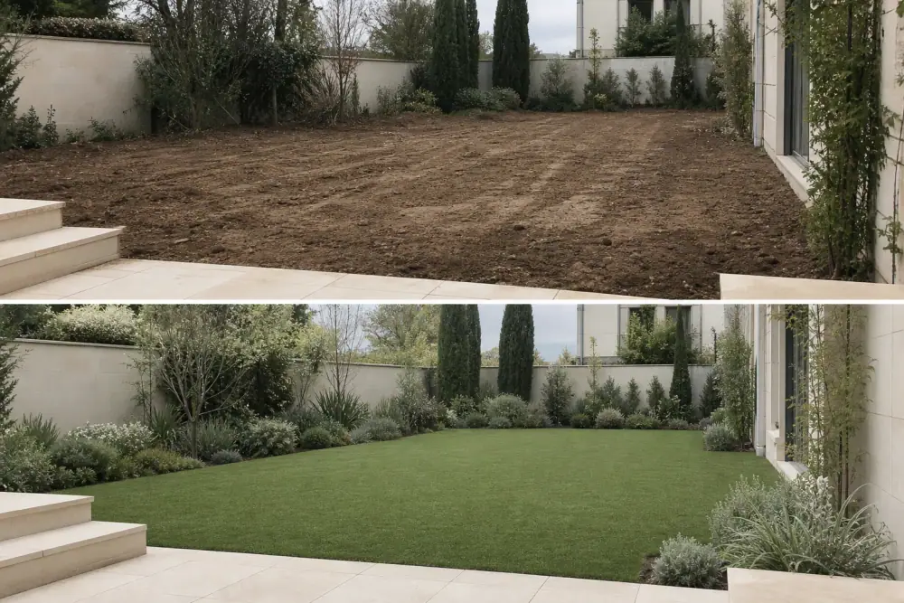 Vue avant et après d'un terrain nu remué par des travaux transformé en pelouse verte, homogène et régulière, sans zones clairsemées.