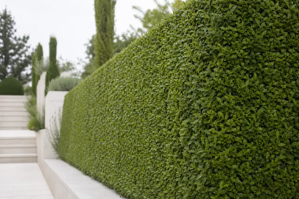 Gros plan sur une haie de troènes dense et régulière après la taille, base plus large que le sommet, feuillage vert plein sans trou.