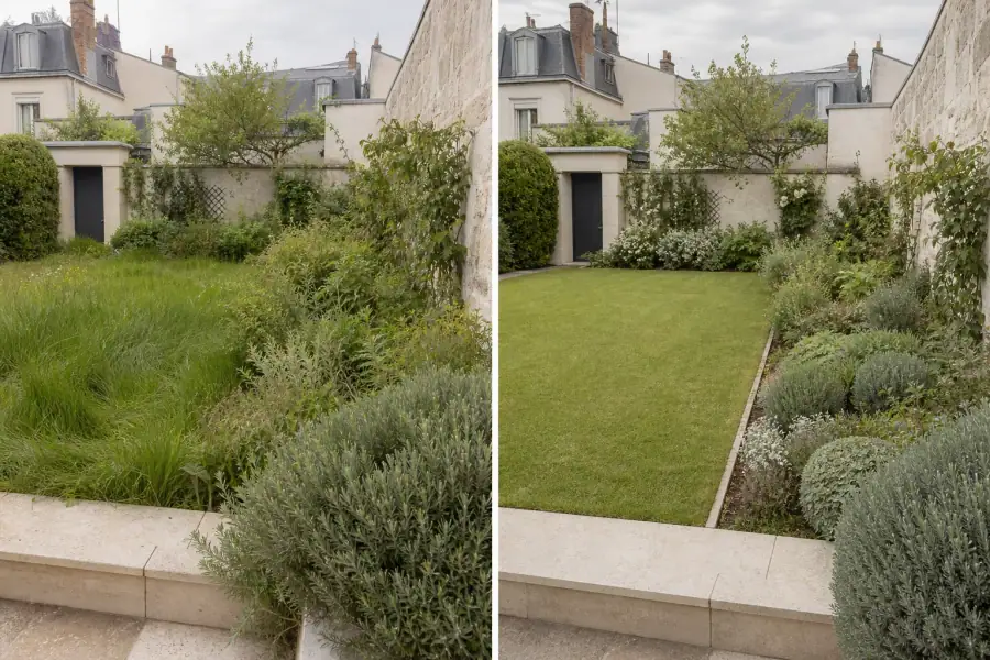 Bande avant/après d'un même jardin de faubourg rémois : à gauche pelouse haute et massif envahi, à droite pelouse tondue net et bordure au cordeau, même angle, même lumière.