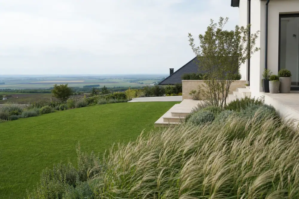 Jardin de pavillon récent à la lisière nord de Bétheny : jeune pelouse d'un vert franc en cours d'épaississement, massif de graminées ondulant sous le vent au premier plan, maison neuve claire et horizon ouvert sur la plaine champenoise en fond légèrement flou. Lumière large de matinée, ciel dégagé, ambiance résidentielle aérée. Cadrage horizontal, légèrement plongeant de la pelouse vers l'horizon.