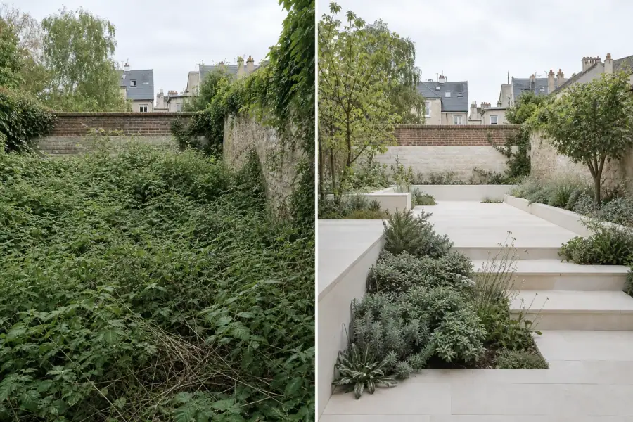 Avant après d'une parcelle rémoise : à gauche une friche dense de ronces et d'orties, à droite le même terrain dégagé et praticable.
