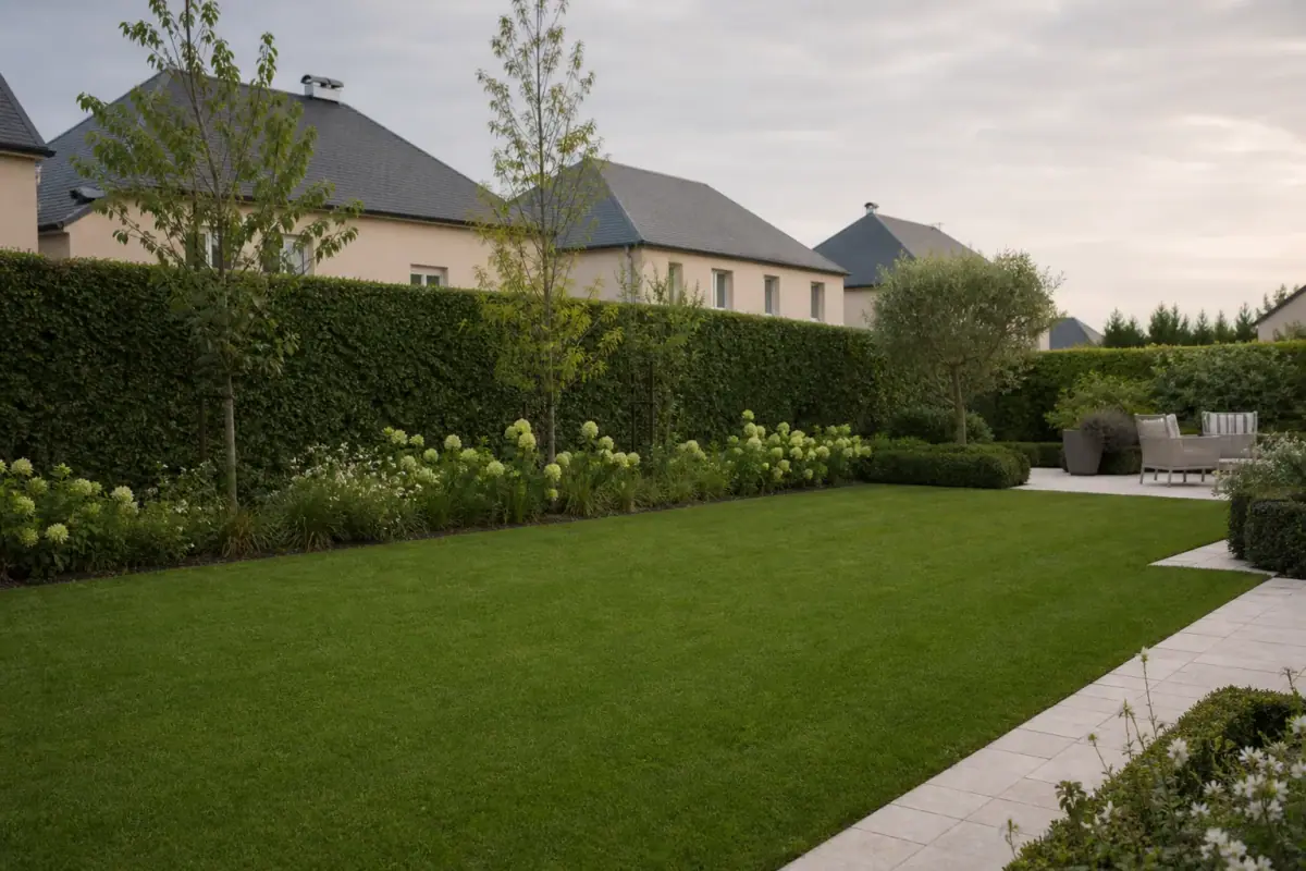 Petit jardin pavillonnaire soigné en bordure de Reims : pelouse tondue net, haie de charmille taille au carré séparant deux maisons de lotissement, terrasse discrète en fond. Lumière douce de fin d'après-midi, ambiance résidentielle calme et entretenue. Cadrage horizontal légèrement plongeant, du premier plan de pelouse vers la haie.