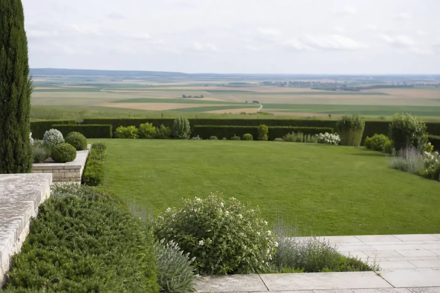 Grand jardin de village à Witry-lès-Reims en lisière de la plaine champenoise : vaste pelouse d'un vert soutenu s'ouvrant vers l'horizon, longue haie taillée au net faisant la transition avec les champs cultivés en arrière-plan légèrement flou, quelques arbustes structurés au premier plan. Lumière large de fin de matinée, ciel dégagé et venteux, ambiance rurale spacieuse et soignée. Cadrage horizontal, légèrement plongeant de la pelouse vers l'horizon agricole.