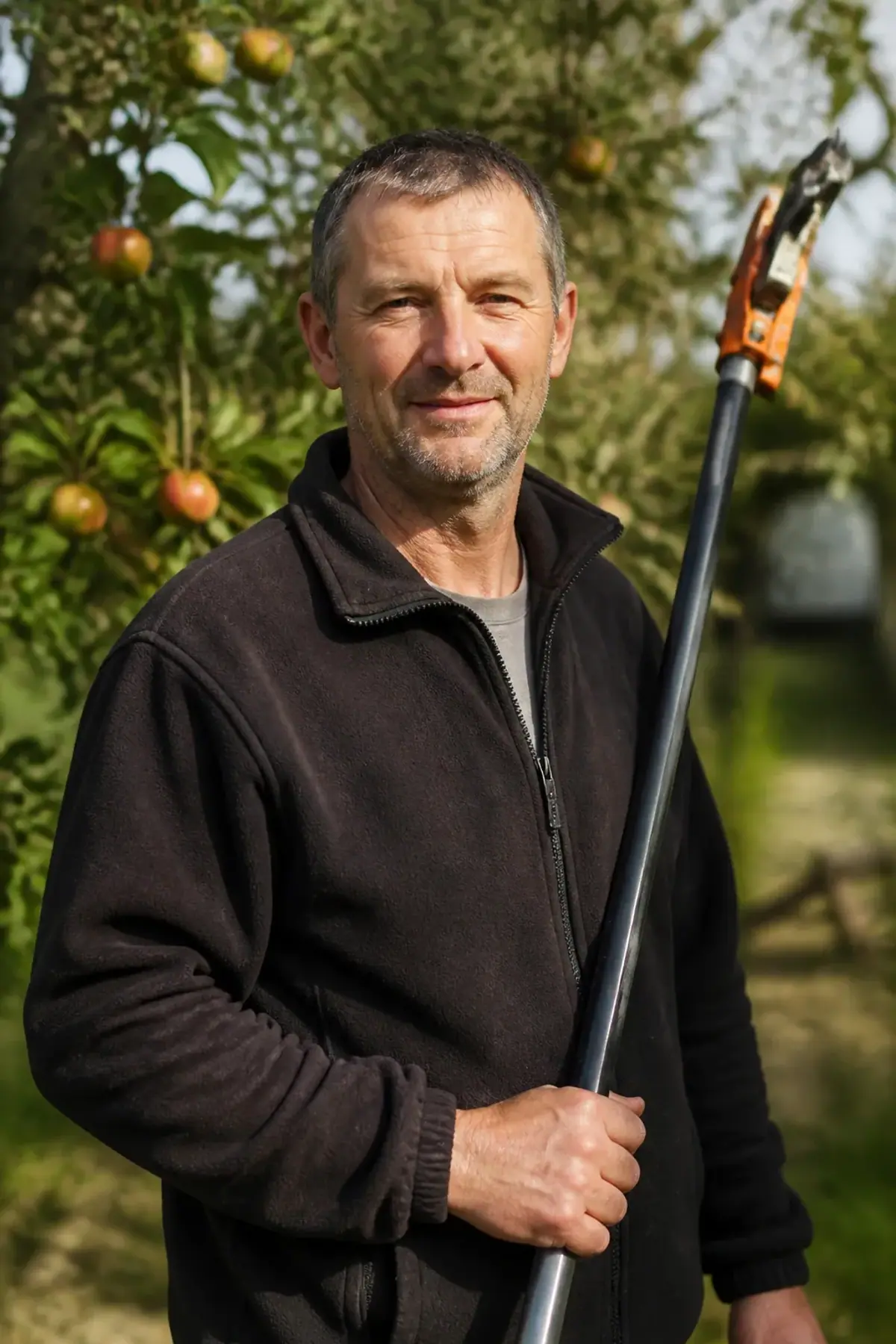 Portrait d'un homme d'une cinquantaine d'années, veste polaire de travail, une perche d'élagage à la main, arbre fruitier de jardin flou derrière lui, sourire discret, cadrage buste, lumière chaude.