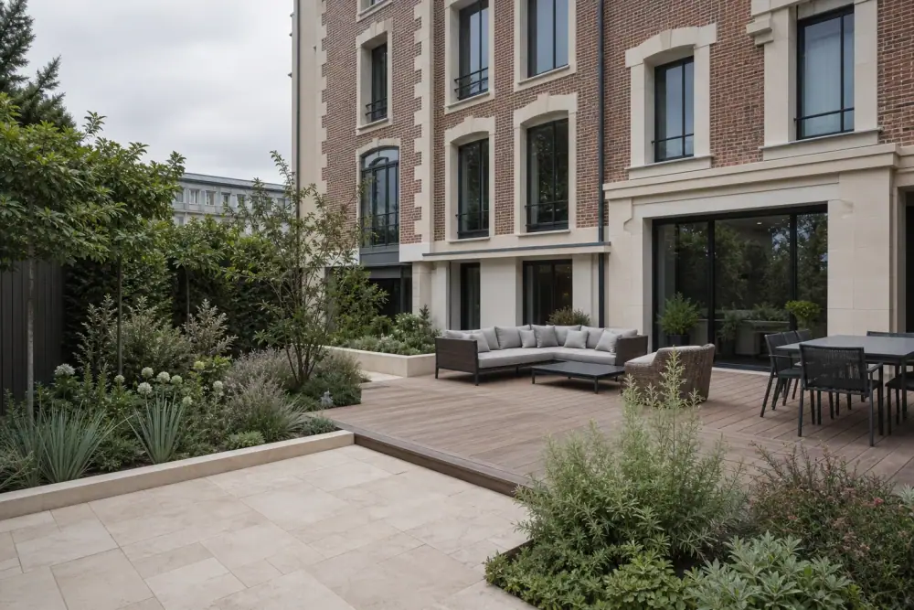 Vue d'ensemble d'une terrasse composite avec mobilier de jardin, séparation végétale discrète côté voisin, façade en brique en fond.