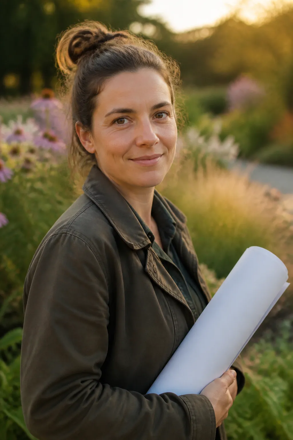 Portrait en extérieur d'une femme d'une trentaine d'années, veste de travail, un plan de jardin roulé à la main, massif fleuri de vivaces flou derrière elle, expression posée et avenante, cadrage buste, lumière de fin de journée.