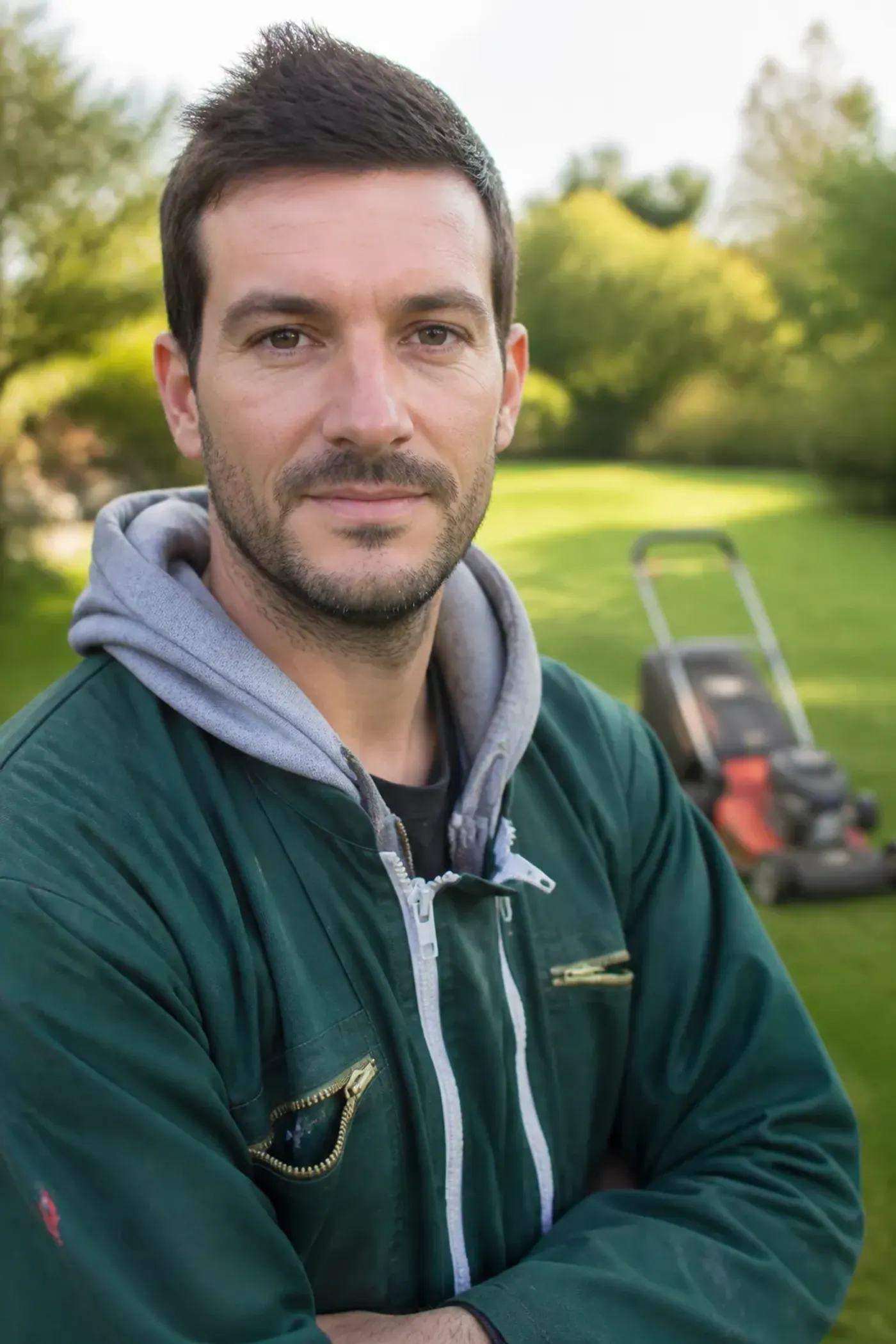 Portrait d'un homme d'une trentaine d'années en tenue de jardinier, debout près d'une tondeuse thermique, pelouse fraîchement tondue en arrière-plan flou, regard franc, cadrage buste, ambiance de matinée claire.
