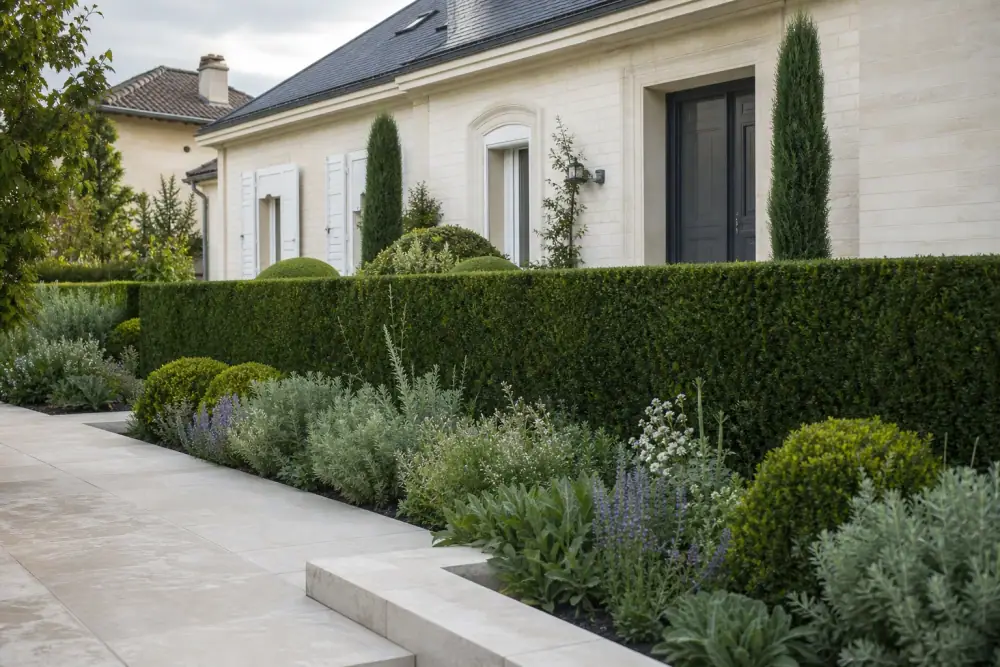 Haie de jardin fraîchement taillée au cordeau devant une maison pavillonnaire à Reims, ligne nette et façade bien encadrée, lumière douce de fin de journée.