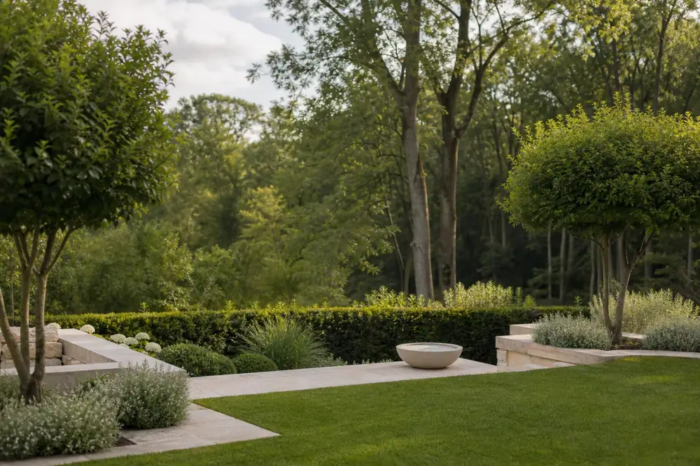 Un jardin résidentiel soigné en bordure du Bois de l'Archevêque à Saint-Brice-Courcelles : pelouse tondue net au premier plan, quelques arbres élagués et une haie basse marquant la limite, la masse verte du bois en arrière-plan légèrement flou. Lumière douce et un peu dorée de fin d'après-midi filtrant entre les arbres, ambiance calme et fraîche. Cadrage horizontal, du gazon vers la lisière boisée.